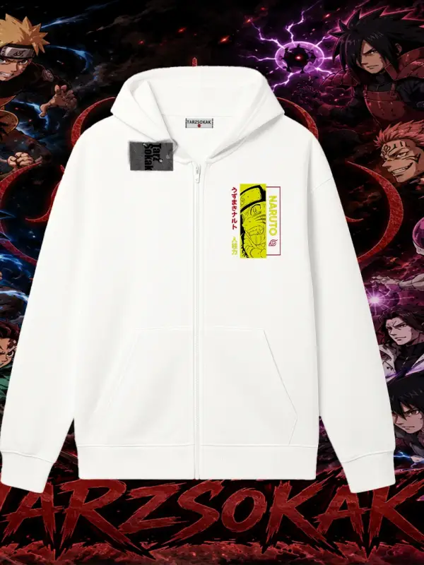 Naruto Uzumaki Premium Anime Oversize Unisex Hırka & Çeket Fermuarlı Sweatshirt Beyaz