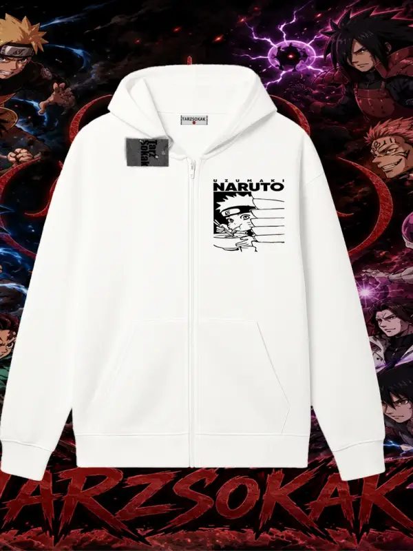 Naruto Uzumaki Premium Anime Oversize Unisex Hırka & Çeket Fermuarlı Sweatshirt Beyaz