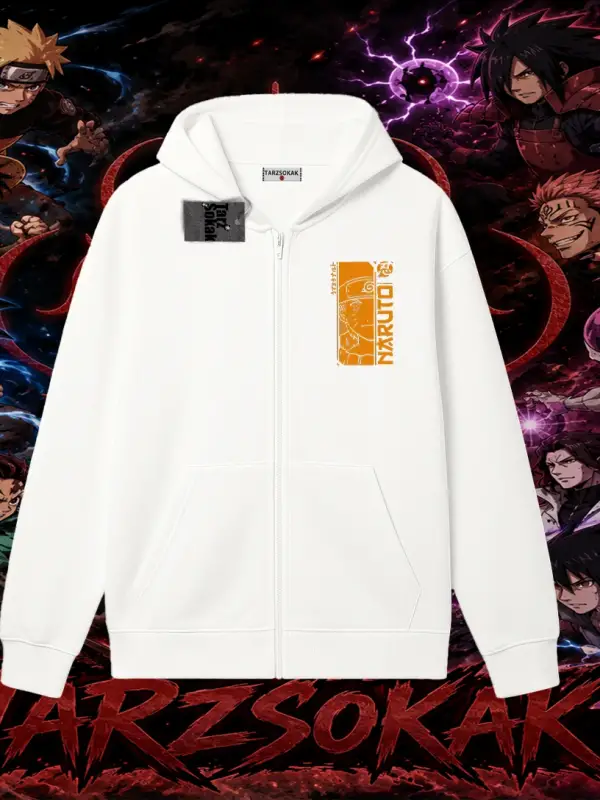 Naruto Uzumaki Premium Anime Oversize Unisex Hırka & Çeket Fermuarlı Sweatshirt Beyaz