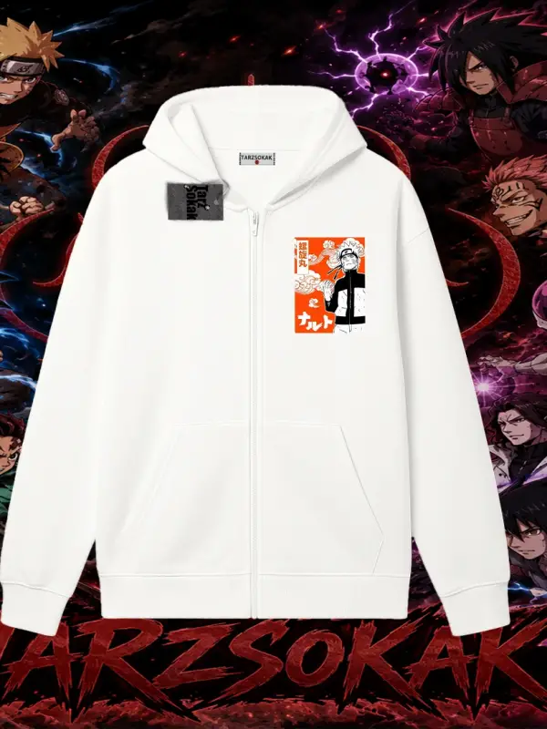 Naruto Uzumaki Premium Anime Oversize Unisex Hırka & Çeket Fermuarlı Sweatshirt Beyaz