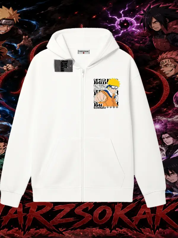 Naruto Uzumaki Premium Anime Oversize Unisex Hırka & Çeket Fermuarlı Sweatshirt Beyaz