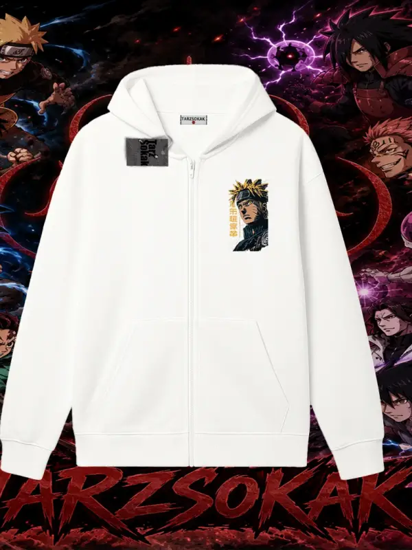 Naruto Uzumaki Premium Anime Oversize Unisex Hırka & Çeket Fermuarlı Sweatshirt Beyaz