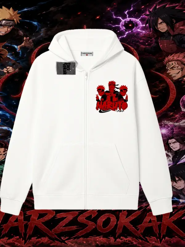 Naruto Uzumaki Premium Anime Oversize Unisex Hırka & Çeket Fermuarlı Sweatshirt Beyaz