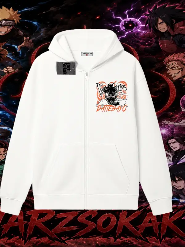 Naruto Uzumaki Premium Anime Oversize Unisex Hırka & Çeket Fermuarlı Sweatshirt Beyaz