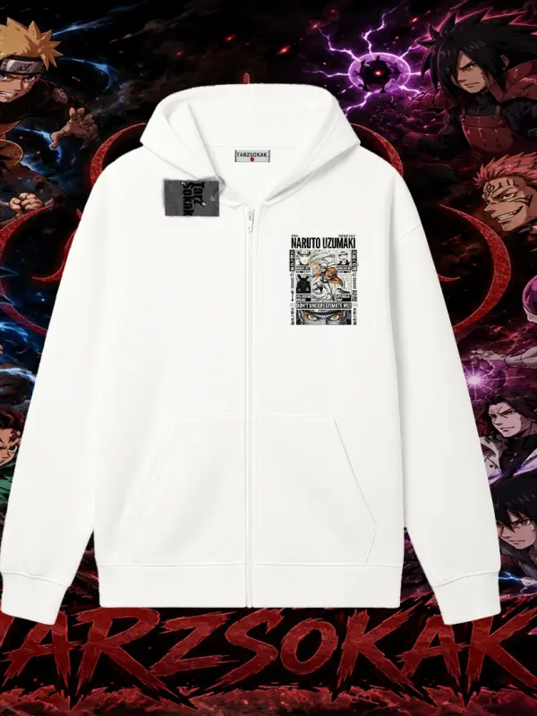 Naruto Uzumaki Premium Anime Oversize Unisex Hırka & Çeket Fermuarlı Sweatshirt Beyaz