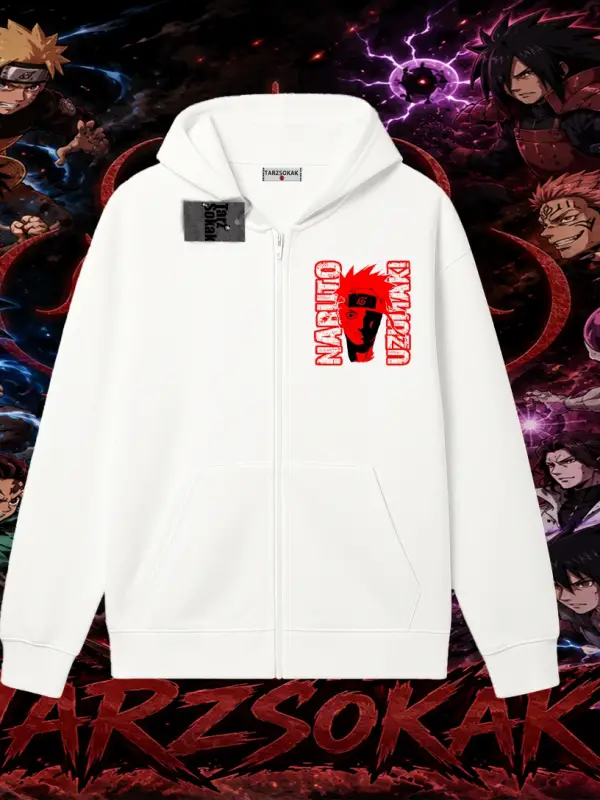 Naruto Uzumaki Premium Anime Oversize Unisex Hırka & Çeket Fermuarlı Sweatshirt Beyaz