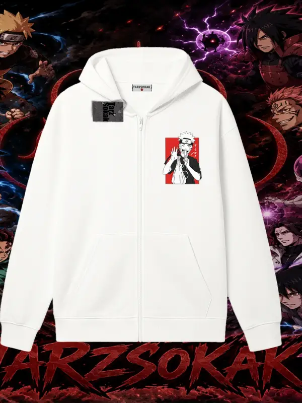 Naruto Uzumaki Premium Anime Oversize Unisex Hırka & Çeket Fermuarlı Sweatshirt Beyaz