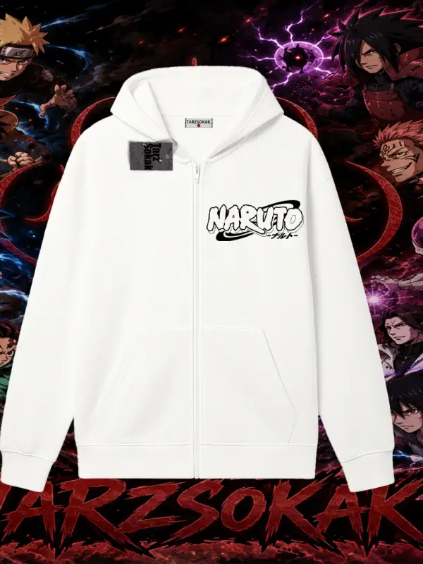 Naruto Uzumaki Premium Anime Oversize Unisex Hırka & Çeket Fermuarlı Sweatshirt Beyaz