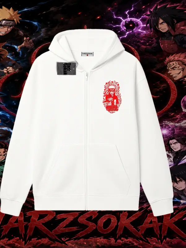 Naruto Uzumaki Premium Anime Oversize Unisex Hırka & Çeket Fermuarlı Sweatshirt Beyaz