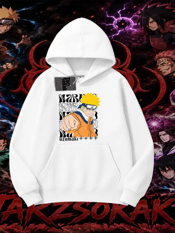 Naruto Uzumaki Premium Anime Oversize Unisex Kapşonlu Sweatshirt Beyaz
