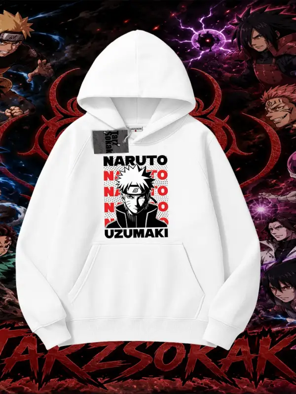 Naruto Uzumaki Premium Anime Oversize Unisex Kapşonlu Sweatshirt Beyaz