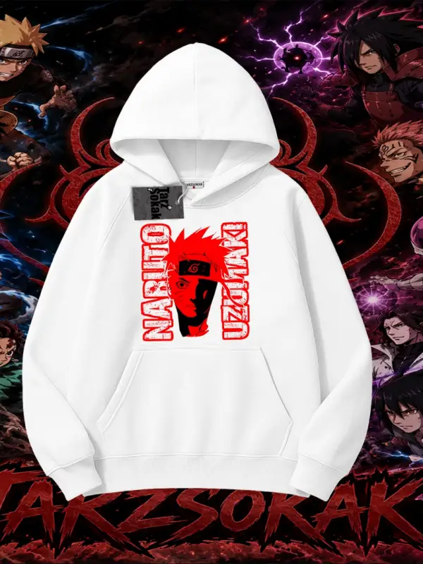 Naruto Uzumaki Premium Anime Oversize Unisex Kapşonlu Sweatshirt Beyaz