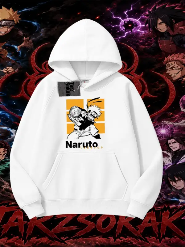 Naruto Uzumaki Premium Anime Oversize Unisex Kapşonlu Sweatshirt Beyaz