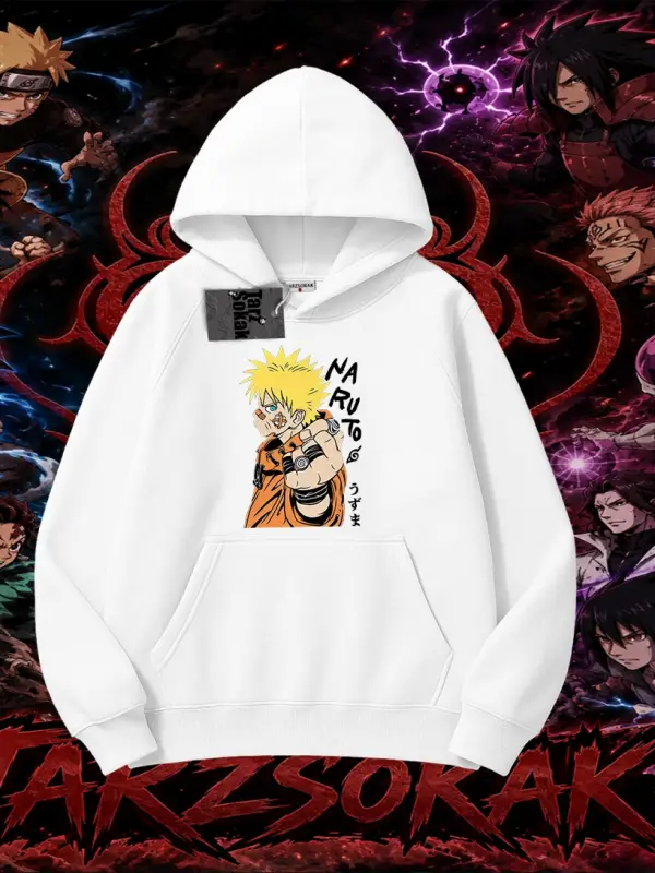Naruto Uzumaki Premium Anime Oversize Unisex Kapşonlu Sweatshirt Beyaz