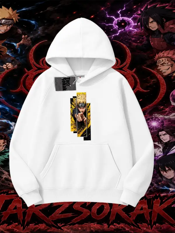 Naruto Uzumaki Premium Anime Oversize Unisex Kapşonlu Sweatshirt Beyaz