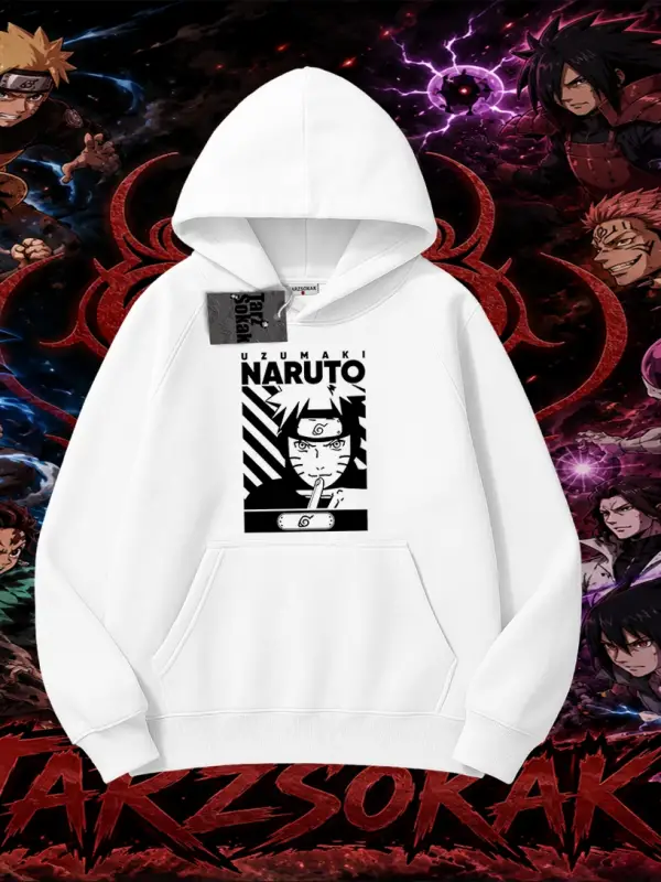 Naruto Uzumaki Premium Anime Oversize Unisex Kapşonlu Sweatshirt Beyaz