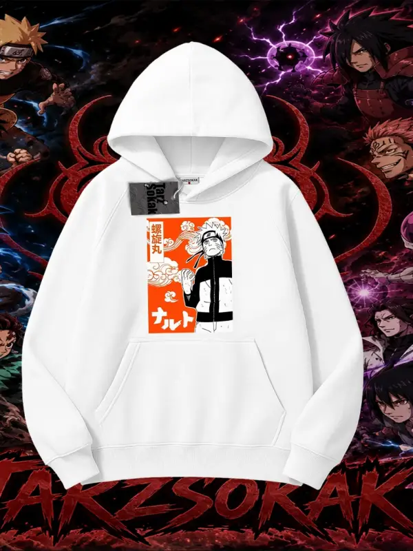Naruto Uzumaki Premium Anime Oversize Unisex Kapşonlu Sweatshirt Beyaz