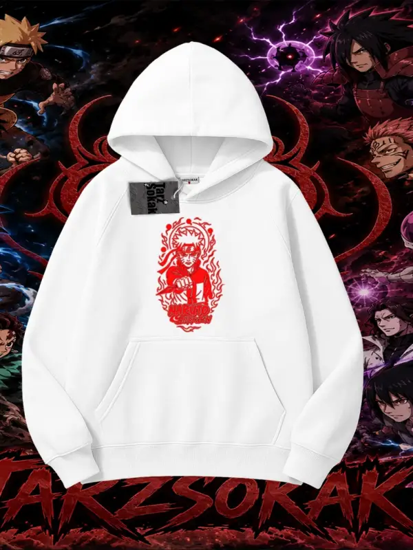 Naruto Uzumaki Premium Anime Oversize Unisex Kapşonlu Sweatshirt Beyaz