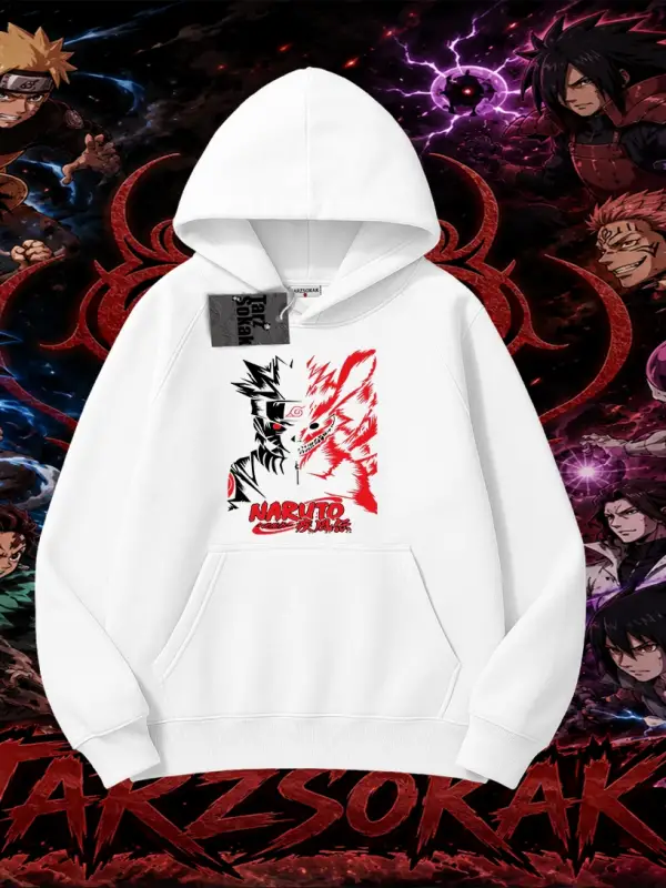 Naruto Uzumaki Premium Anime Oversize Unisex Kapşonlu Sweatshirt Beyaz