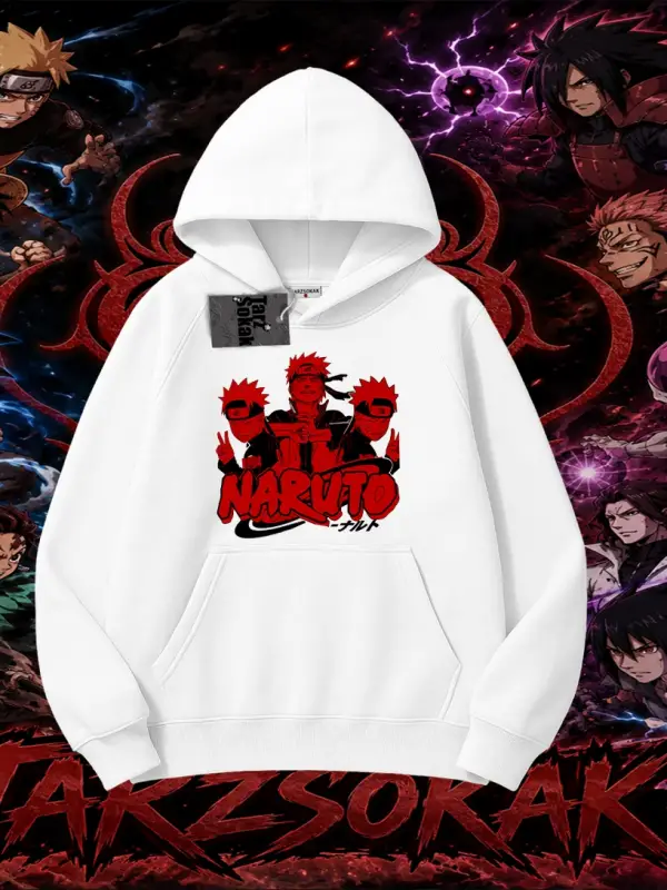 Naruto Uzumaki Premium Anime Oversize Unisex Kapşonlu Sweatshirt Beyaz