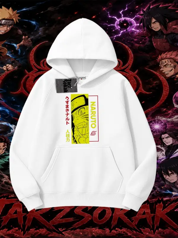Naruto Uzumaki Premium Anime Oversize Unisex Kapşonlu Sweatshirt Beyaz
