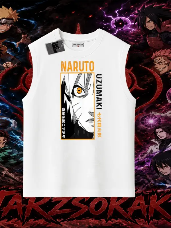 Naruto Uzumaki Premium Anime Oversize Unisex Kolsuz Tişört Beyaz