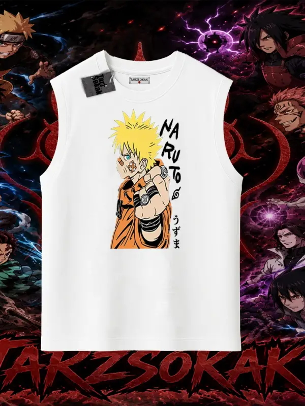 Naruto Uzumaki Premium Anime Oversize Unisex Kolsuz Tişört Beyaz