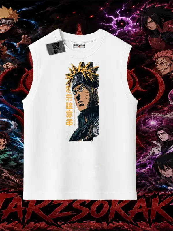Naruto Uzumaki Premium Anime Oversize Unisex Kolsuz Tişört Beyaz