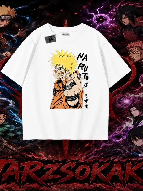 Naruto Uzumaki Premium Anime Oversize Unisex Tişört Beyaz