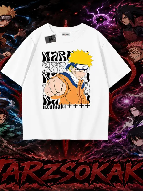 Naruto Uzumaki Premium Anime Oversize Unisex Tişört Beyaz