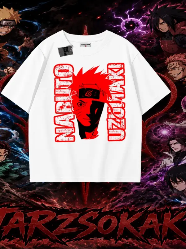 Naruto Uzumaki Premium Anime Oversize Unisex Tişört Beyaz