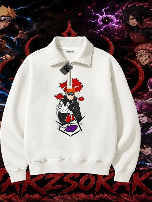 Naruto Uzumaki Premium Anime Unisex Polo Yaka Yarım Fermuarlı Sweatshirt Beyaz