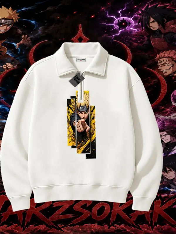 Naruto Uzumaki Premium Anime Unisex Polo Yaka Yarım Fermuarlı Sweatshirt Beyaz