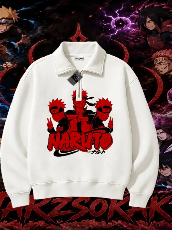 Naruto Uzumaki Premium Anime Unisex Polo Yaka Yarım Fermuarlı Sweatshirt Beyaz