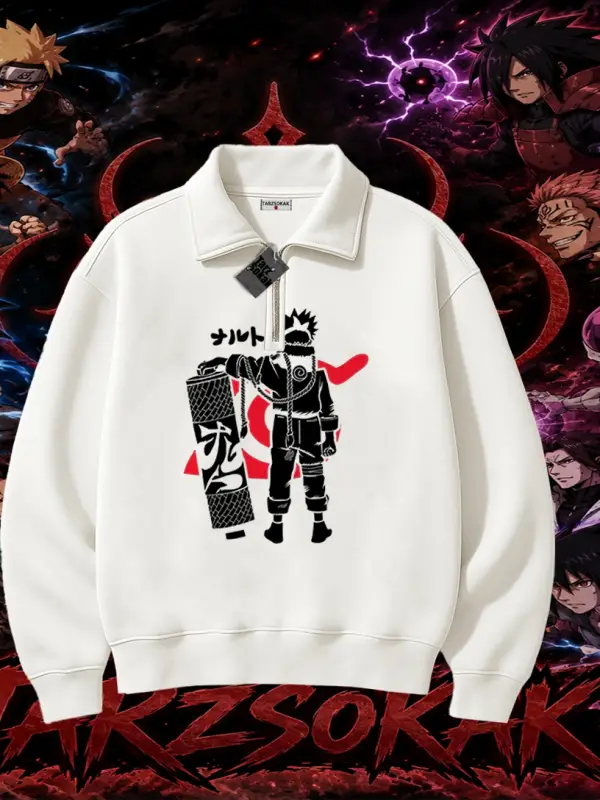 Naruto Uzumaki Premium Anime Unisex Polo Yaka Yarım Fermuarlı Sweatshirt Beyaz