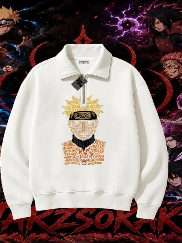 Naruto Uzumaki Premium Anime Unisex Polo Yaka Yarım Fermuarlı Sweatshirt Beyaz