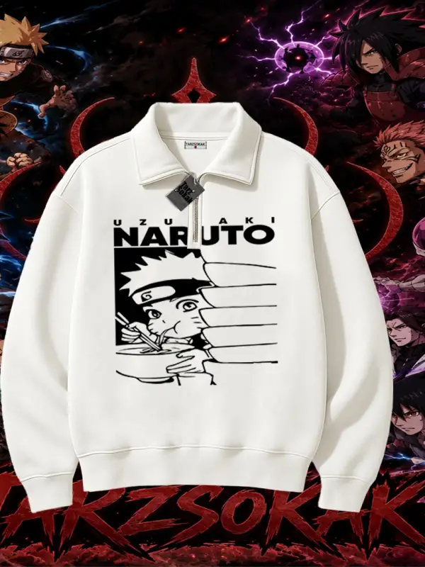Naruto Uzumaki Premium Anime Unisex Polo Yaka Yarım Fermuarlı Sweatshirt Beyaz