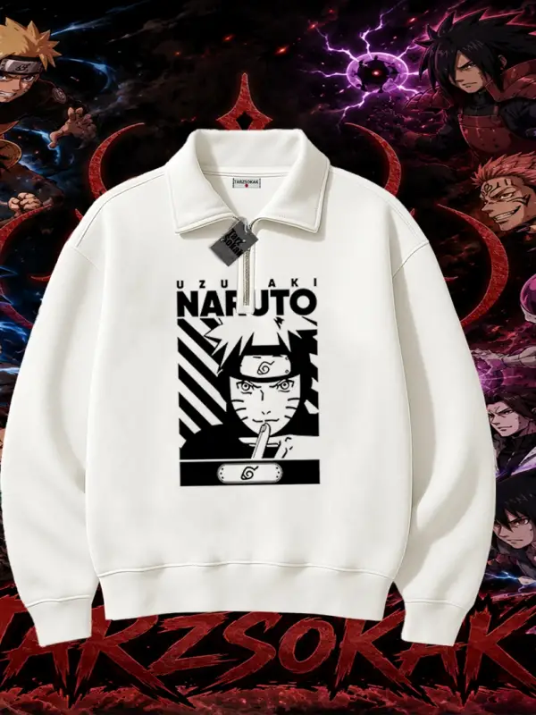 Naruto Uzumaki Premium Anime Unisex Polo Yaka Yarım Fermuarlı Sweatshirt Beyaz