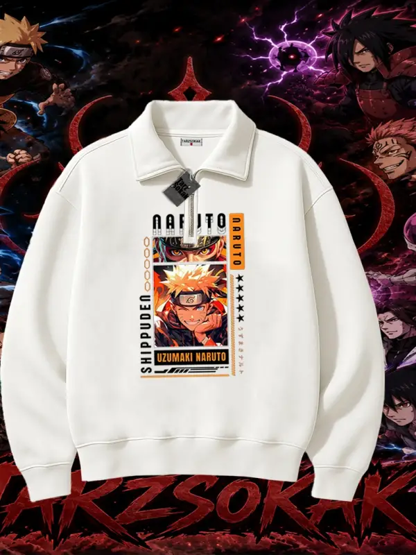 Naruto Uzumaki Premium Anime Unisex Polo Yaka Yarım Fermuarlı Sweatshirt Beyaz