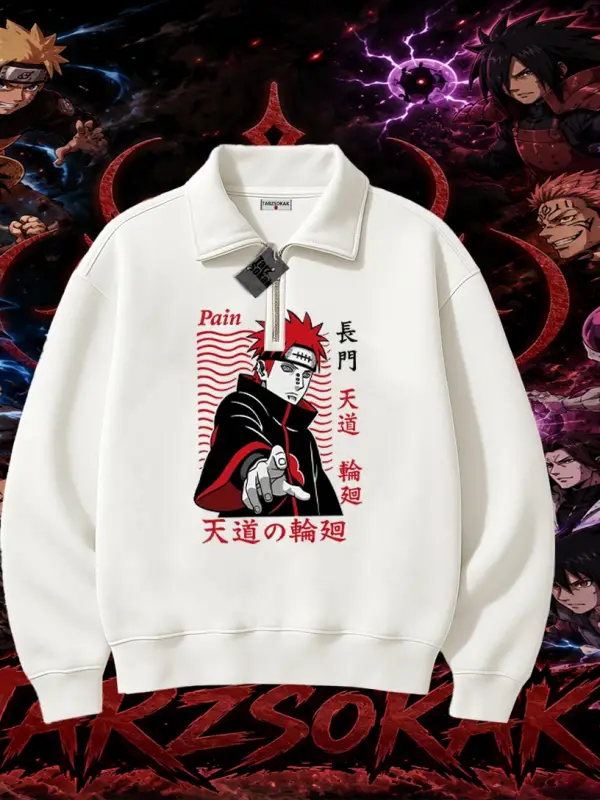 Naruto Uzumaki Premium Anime Unisex Polo Yaka Yarım Fermuarlı Sweatshirt Beyaz