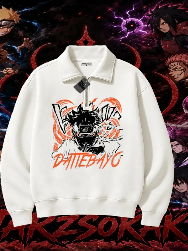 Naruto Uzumaki Premium Anime Unisex Polo Yaka Yarım Fermuarlı Sweatshirt Beyaz