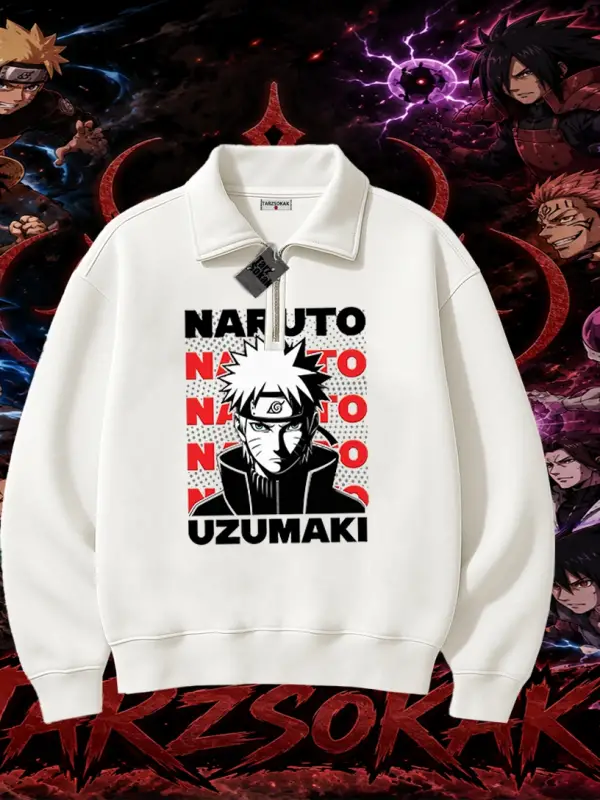 Naruto Uzumaki Premium Anime Unisex Polo Yaka Yarım Fermuarlı Sweatshirt Beyaz