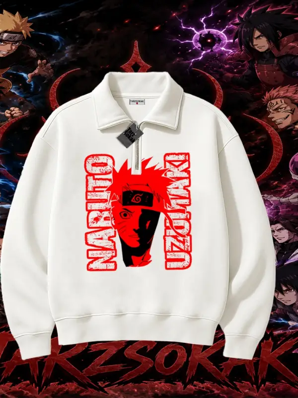 Naruto Uzumaki Premium Anime Unisex Polo Yaka Yarım Fermuarlı Sweatshirt Beyaz