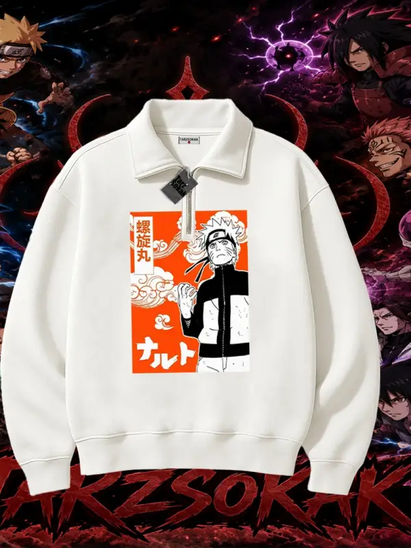 Naruto Uzumaki Premium Anime Unisex Polo Yaka Yarım Fermuarlı Sweatshirt Beyaz