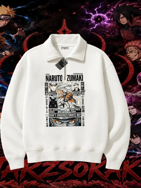 Naruto Uzumaki Premium Anime Unisex Polo Yaka Yarım Fermuarlı Sweatshirt Beyaz