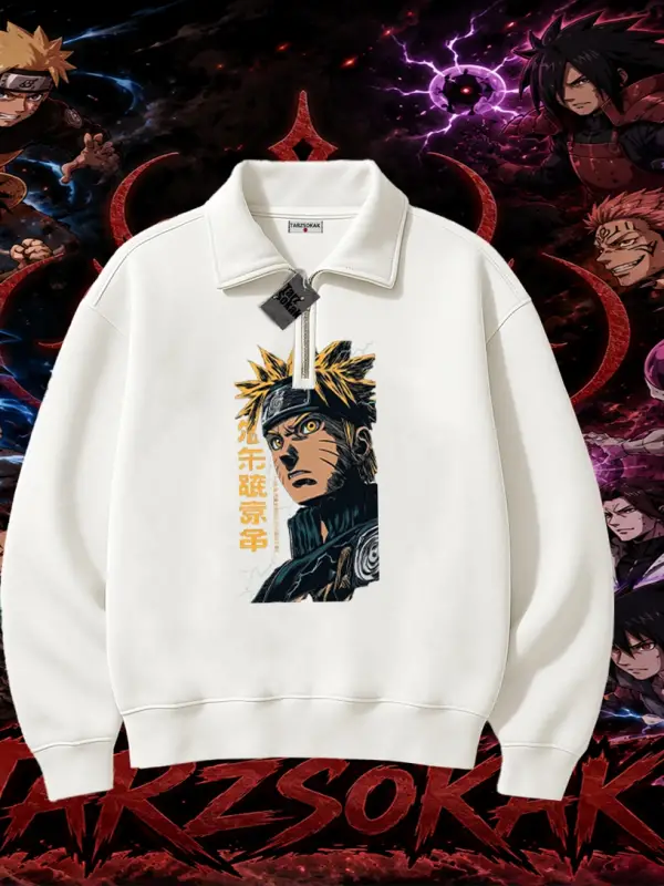 Naruto Uzumaki Premium Anime Unisex Polo Yaka Yarım Fermuarlı Sweatshirt Beyaz
