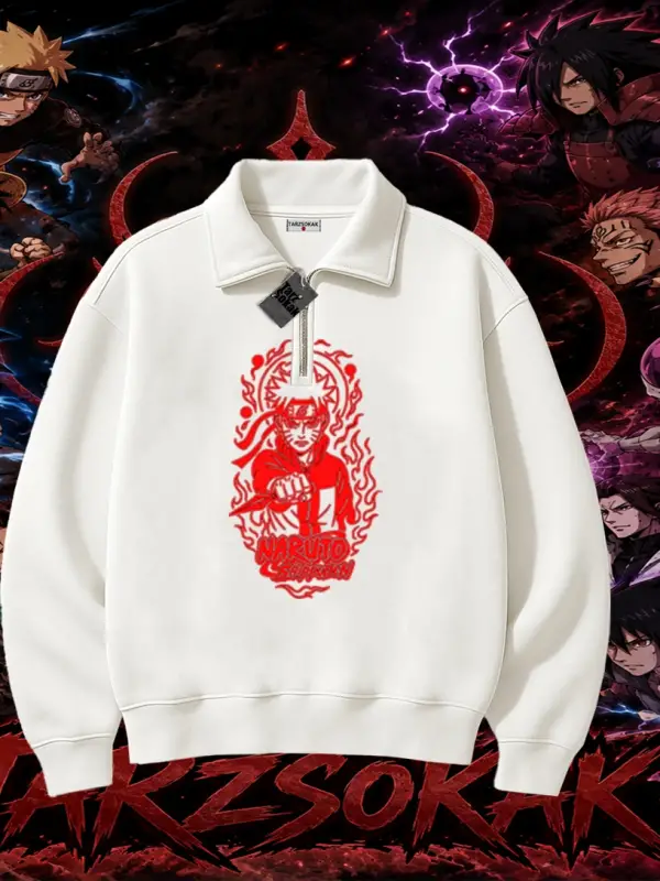Naruto Uzumaki Premium Anime Unisex Polo Yaka Yarım Fermuarlı Sweatshirt Beyaz