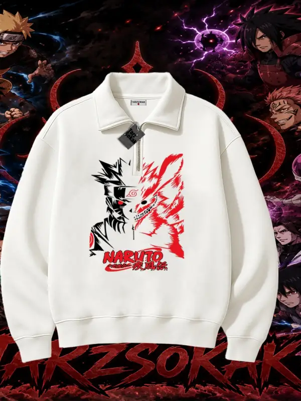 Naruto Uzumaki Premium Anime Unisex Polo Yaka Yarım Fermuarlı Sweatshirt Beyaz