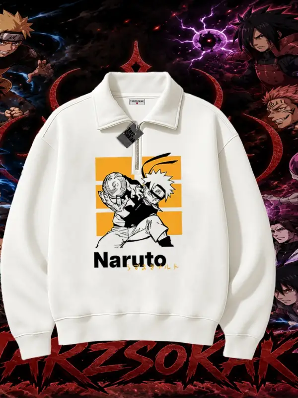 Naruto Uzumaki Premium Anime Unisex Polo Yaka Yarım Fermuarlı Sweatshirt Beyaz