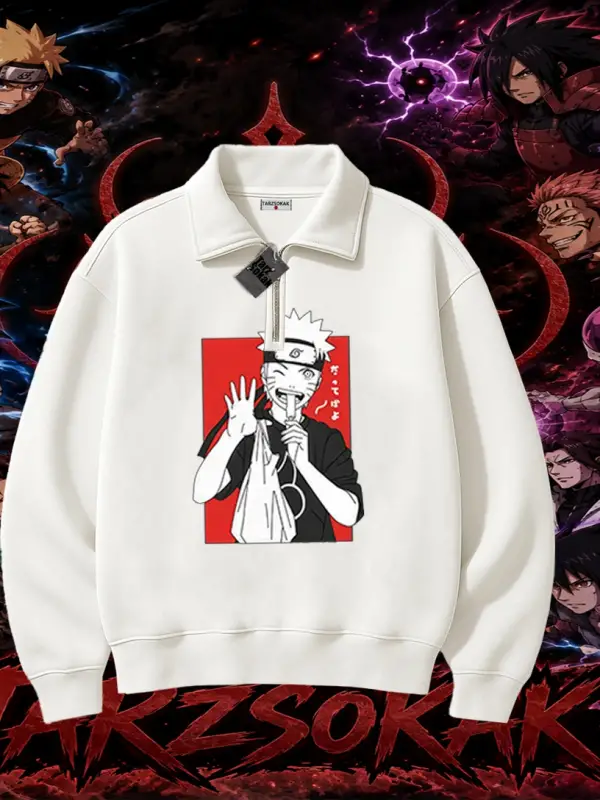 Naruto Uzumaki Premium Anime Unisex Polo Yaka Yarım Fermuarlı Sweatshirt Beyaz